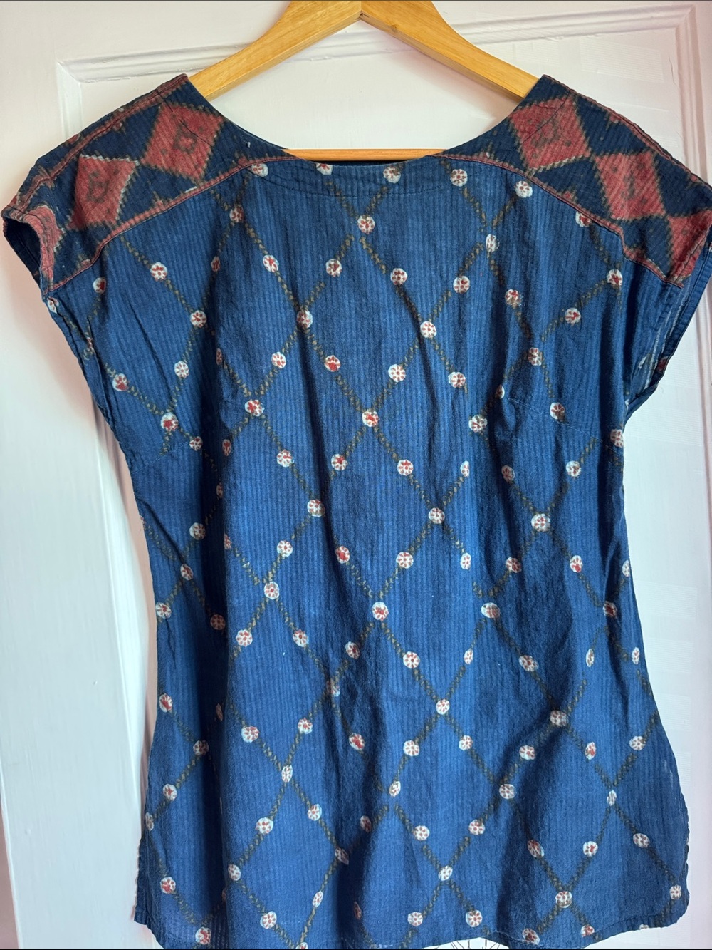 Vintage Indigo Dyed Batik Navy and Rust Short Sleeve Blouse with Geo Pattern